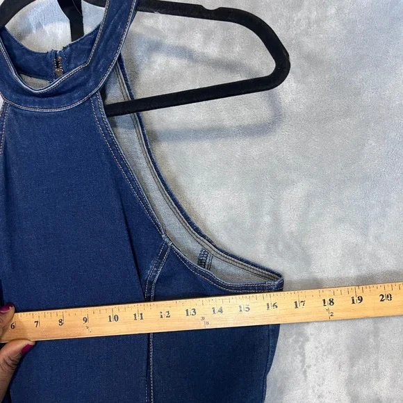 Free People We The Free Dark Wash Denim Halter Flare Leg Jumpsuit Size 6 - Picture 6 of 9